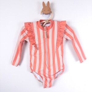 Pehr Long Sleeve Ruffle Swimsuit Kids 6-12M Pink Striped One Piece Rash Guard
